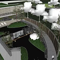 Modern Sales Office Building With Waterfall Pond Green Lawn and Lush Greenery