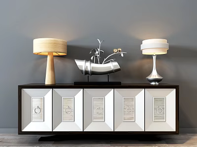 Modern TV Cabinet With Dark Frame White Panel Doors Table Lamps And Metal Sculpture Decor 3d model