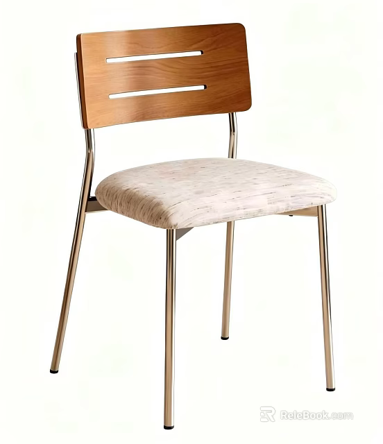 Stylish Chair With Wooden Backrest Beige Fabric Seat And Metal Legs 3d model 