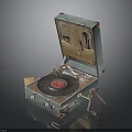 Vintage Gramophone With Green Case Open Lid Vinyl Record And Brass Horn