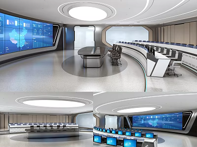 Modern Control Room Interior Design With Large Screens Circular Layout Workstations And Computers 3d model