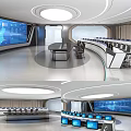 Modern Control Room Interior Design With Large Screens Circular Layout Workstations And Computers 3d model