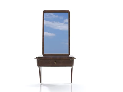 Wooden Vanity Mirror Reflecting Blue Sky and White Clouds with Single Drawer and Simple Design 3d model