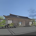 Chinese Style Residential Building With Traditional Roof Entrance And Green Plants Courtyard