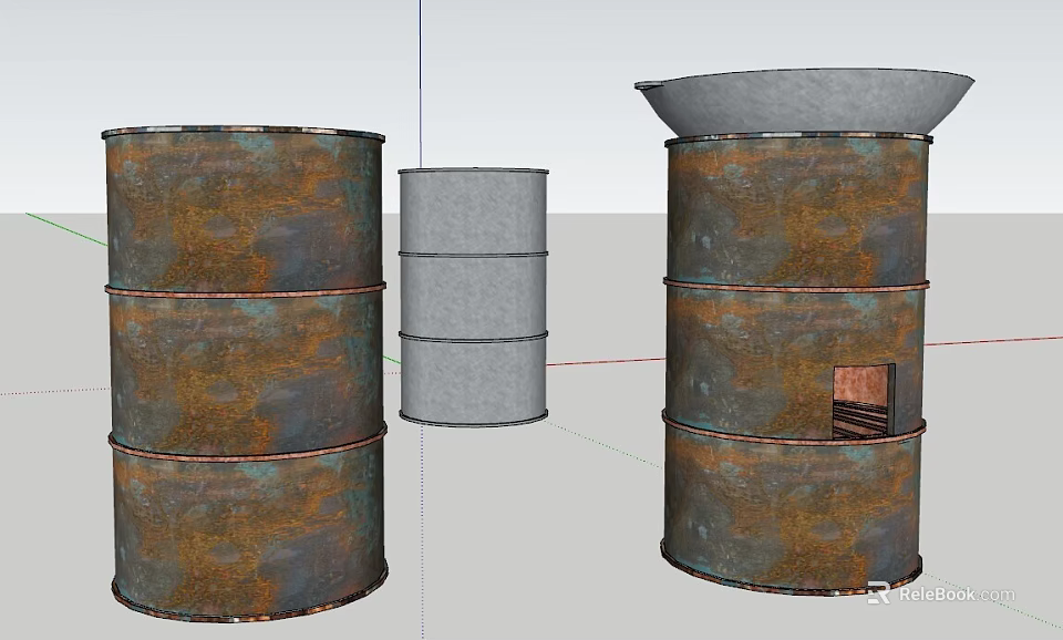 Rusted And Gray Metal Drums With Open Top And Internal Structure Details 3d model 