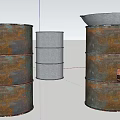 Rusted And Gray Metal Drums With Open Top And Internal Structure Details