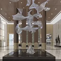 Modern Hotel Lobby With Artistic Chandelier Green Marble Wall And Decorative Sculpture