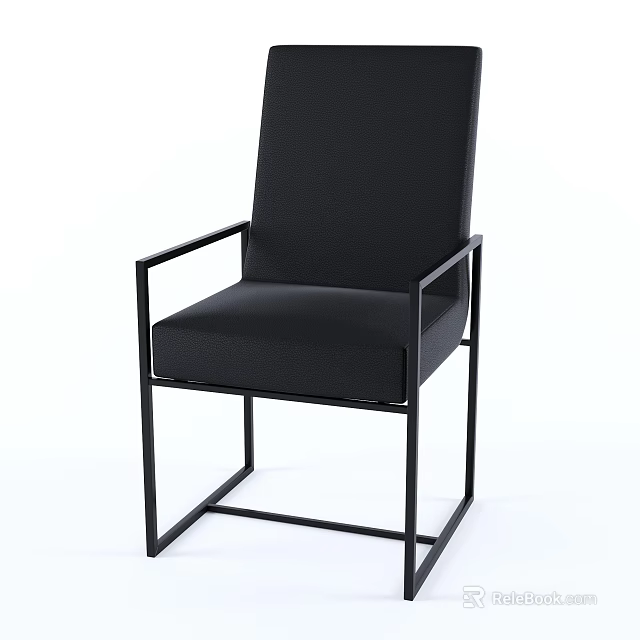 Black Leather Dining Chair With Metal Frame And Armrests Modern Design 3d model 