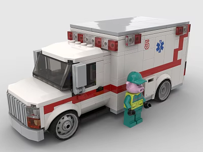 Building Blocks Ambulance Model White with Red Stripes and Green Uniform Paramedic Figure 3d model