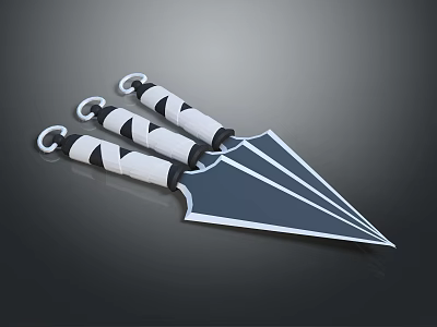 Three Modern Shuriken Weapon With White Black Handles And Sharp Metal Blades 3d model