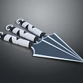 Three Modern Shuriken Weapon With White Black Handles And Sharp Metal Blades