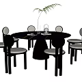 Modern Round Dining Table Set with Black Frame and Light Colored Curved Backrest Chairs 3d model