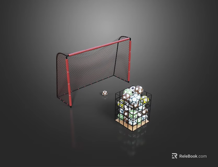 Portable Soccer Goal with Red Frame Black Net and Storage Basket of Soccer Balls 3d model 