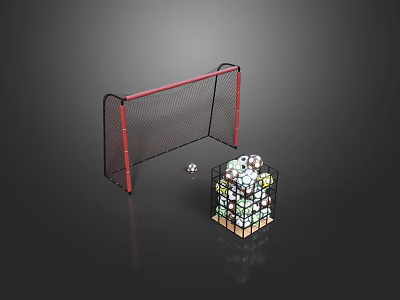 Portable Soccer Goal with Red Frame Black Net and Storage Basket of Soccer Balls 3d model