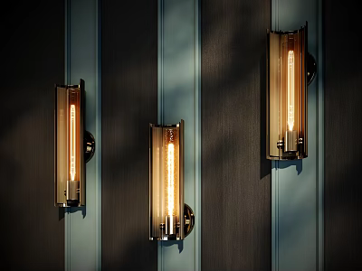 Modern Wall Lamps Mounted On Dark Wood Grain Wall With Transparent Shades And Filament Bulbs 3d model