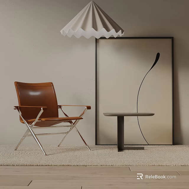Modern Brown Leather Leisure Chair With Metal Frame And Side Table In Cozy Interior 3d model 