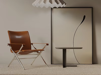 Modern Brown Leather Leisure Chair With Metal Frame And Side Table In Cozy Interior 3d model