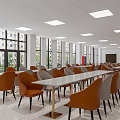Modern Dining Hall Interior With Long Tables Orange Chairs And Large Windows 3d model