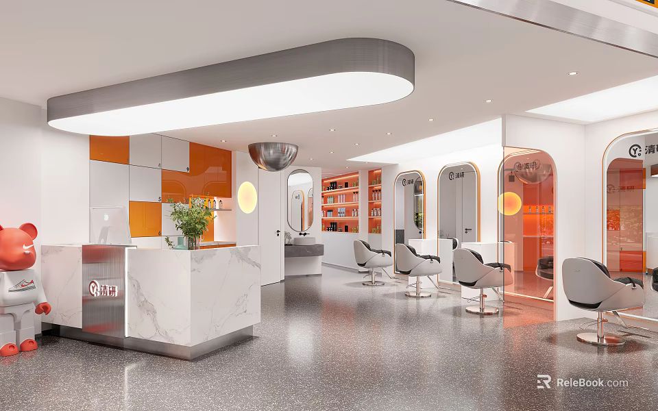 Modern Beauty Salon Interior With Marble Reception Counter Potted Plant Mirrors And Styling Chairs 3d model 