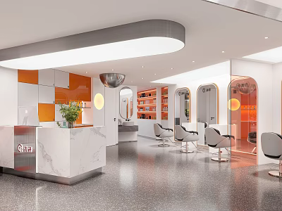 Modern Beauty Salon Interior With Marble Reception Counter Potted Plant Mirrors And Styling Chairs 3d model