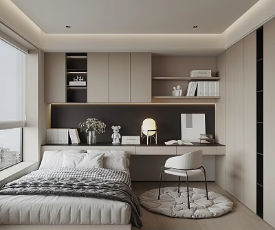 Modern Tatami Bedroom Interior Design With Bed Desk Chair Bookshelves And Natural Light 3d model