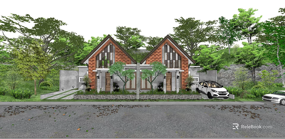 Semi Detached Villa With Red Brick Exterior Gabled Roof Front Trees And White Car 3d model 