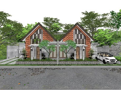 Semi Detached Villa With Red Brick Exterior Gabled Roof Front Trees And White Car 3d model