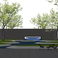 Garden Feature Wall Design With Trees Curved Black Pathway White Slabs And Green Lawn