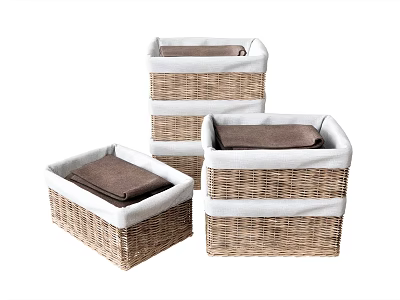 Square Wicker Storage Baskets with White Linen Lining and Brown Towels Inside 3d model