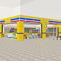 Bright Yellow Blue Supermarket Storefront With Shelves Groceries And Outdoor Seating