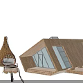 Modern Wooden House Exterior With Large Glass Windows Stone Steps And Wicker Furniture