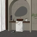 Modern Bathroom Vanity With Marble Countertop Lighted Oval Mirror Vertical Striped Wall And Green Plant