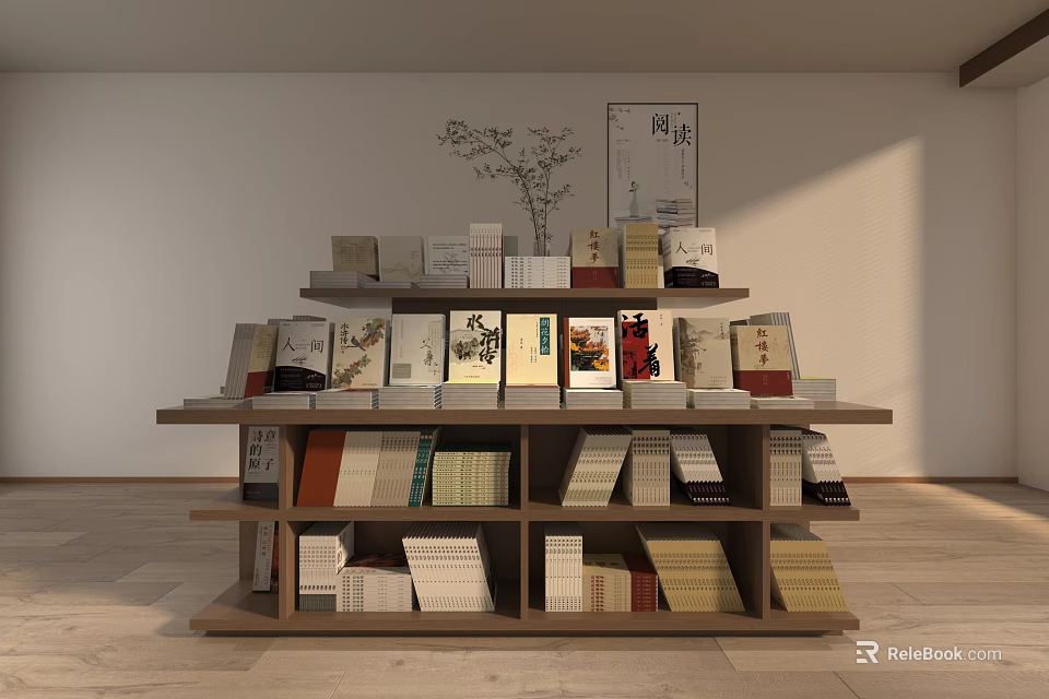Multi layer Display Shelf With Neatly Arranged Books In Indoor Setting 3d model 