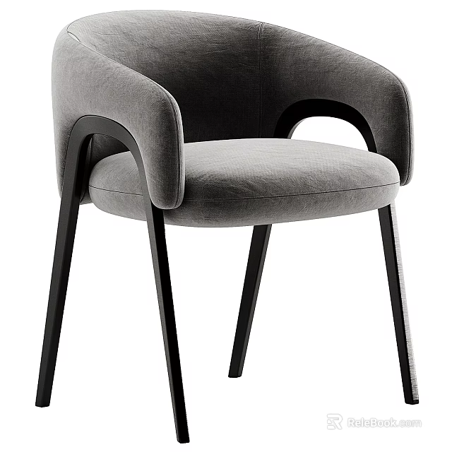 Modern Dining Chair With Gray Fabric Upholstery Black Wooden Legs And Curved Armrests 3d model 