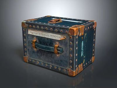 Vintage Blue Storage Box With Leather Handle Metal Rivets Brown Trim Label For Home Use 3d model