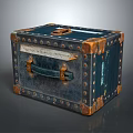 Vintage Blue Storage Box With Leather Handle Metal Rivets Brown Trim Label For Home Use