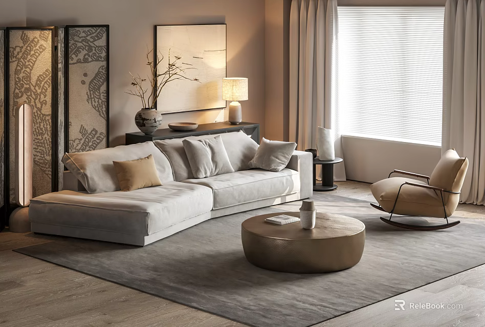 Modern Living Room Interior With Sofa Accent Chair Round Coffee Table Artwork And Neutral Rug 3d model 