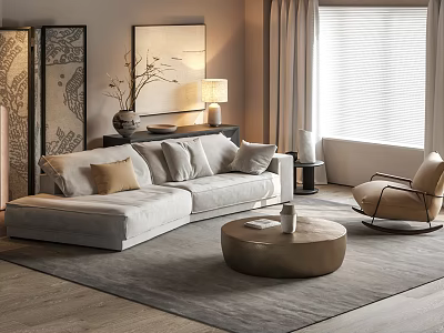 Modern Living Room Interior With Sofa Accent Chair Round Coffee Table Artwork And Neutral Rug 3d model
