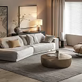 Modern Living Room Interior With Sofa Accent Chair Round Coffee Table Artwork And Neutral Rug