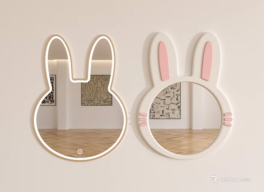 Rabbit Shaped Mirrors With Pink Ears White Frame Wall Mounted Room Reflection 3d model