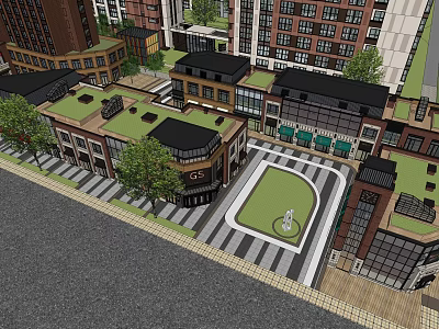 Vibrant Commercial Street With Modern Buildings Shops Pedestrian Walkways Central Plaza And Greenery 3d model
