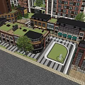 Vibrant Commercial Street With Modern Buildings Shops Pedestrian Walkways Central Plaza And Greenery