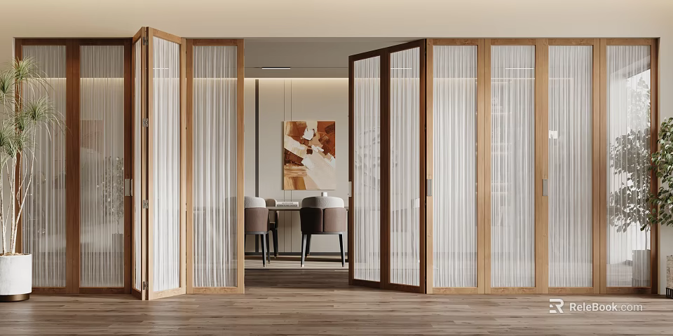 Sliding Doors With Wooden Frame And Sheer Panels In Dining Area 3d model
