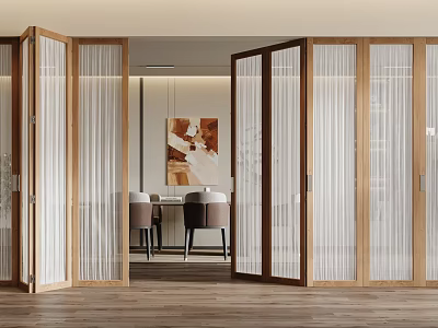 Sliding Doors With Wooden Frame And Sheer Panels In Dining Area 3d model
