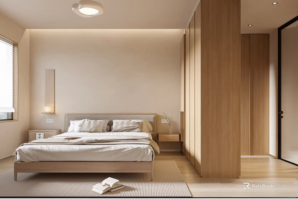 Minimalist Bedroom Interior Design With Wooden Wardrobes Bed Nightstands And Soft Lighting 3d model 