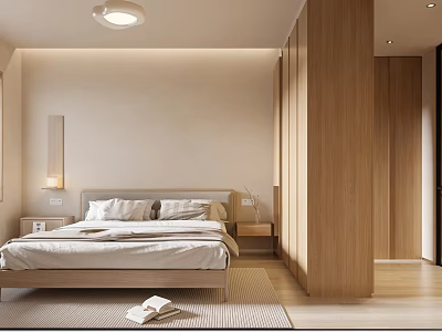 Minimalist Bedroom Interior Design With Wooden Wardrobes Bed Nightstands And Soft Lighting 3d model