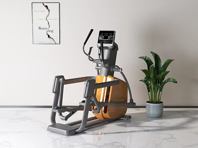 Modern Elliptical Trainer Sports Equipment with Green Plant on Wall Poster and Marble Floor 3d model