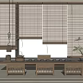 Minimalist Wooden Tea Table and Chairs with Bamboo Blinds Teaware and Potted Plant