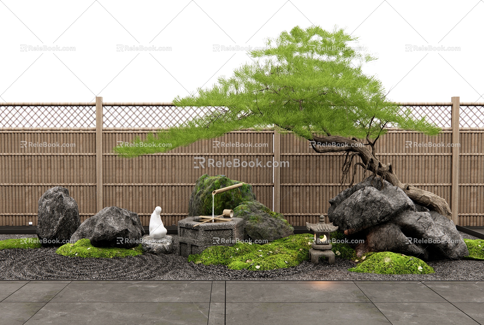 New Chinese style landscape stone courtyard sketch water bowl landscape landscape welcome pine moss plant landscape fence model