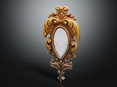 Decorative Wall Mirror With Ornate Golden Carvings And Oval Glass Surface Vintage Style Home Decor 3d model